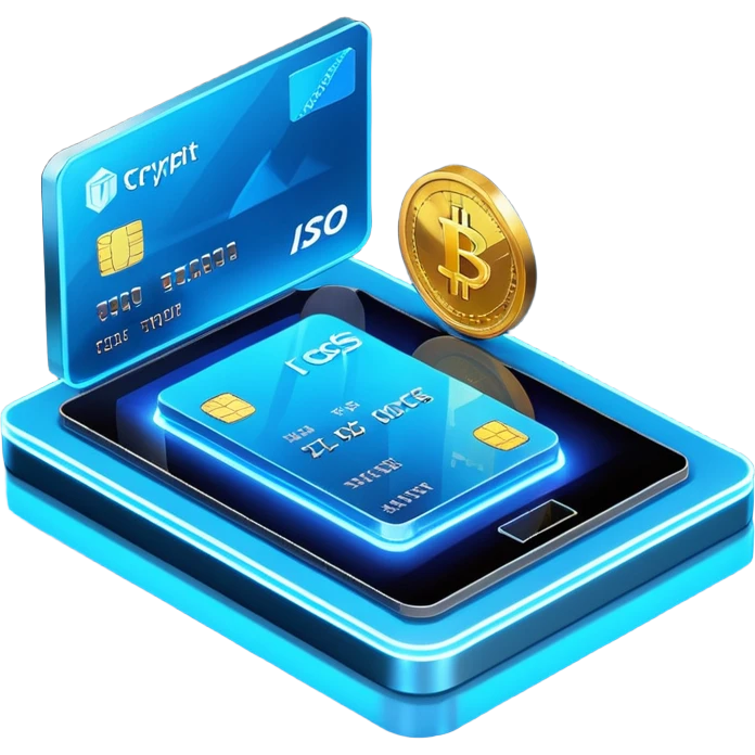 3D isometric fintech illustration, rotated to the left, neon blue lighting, instant crypto transfer, glowing coin, dynamic holographic arrows, metallic and glass textures, two isometric credit cards in the background, volumetric glass elements with realistic reflections emoji
