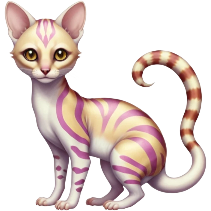 Iridescent white albino colorful fruity blingy crystalline Genet-Sphynx-Numbat-Ocelot-Tanuki-Cheetah-Ocicat-hybrid-fusion, full body emoji