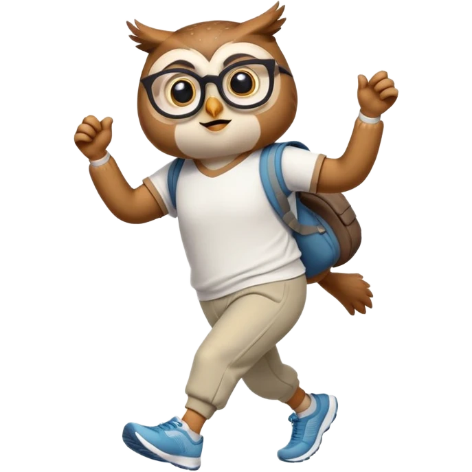 friendly anthropomorphised owl in pants and a shirt, wearing glasses, jogging upright, standard pose emoji