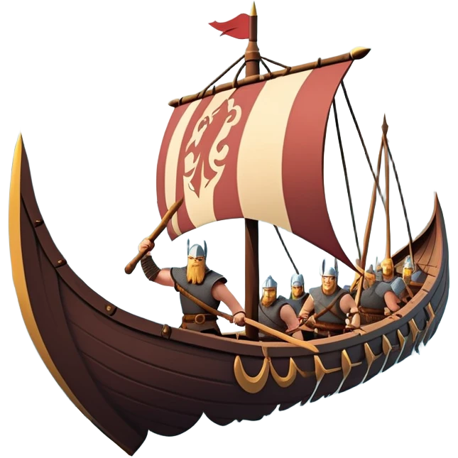 clash-of-clans-aesthetic_-cinematic-viking-longboat, rendered in a flat, bold vector style with minimal shading, featuring a striking dragon-headed prow slicing through waters. shields on the side and vikings rowing The longboat’s, the boat has carved motifs evoke a sense of epic adventure and Nordic might, with billowing sails catching a dramatic, stormy sky backdrop. emoji