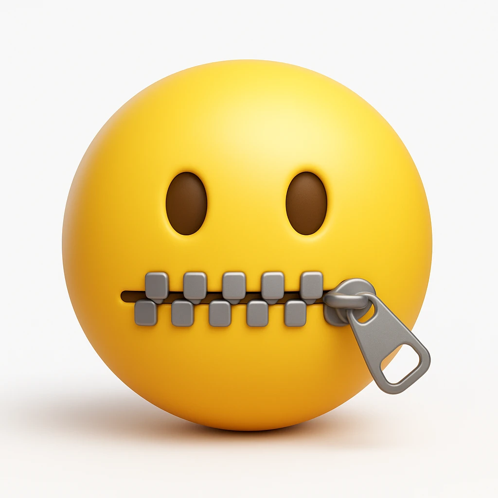 Crea una versione in stile 3D emoji, ispirata a questa immagine: emoji gialla con occhi semplici e bocca chiusa da una cerniera. emoji