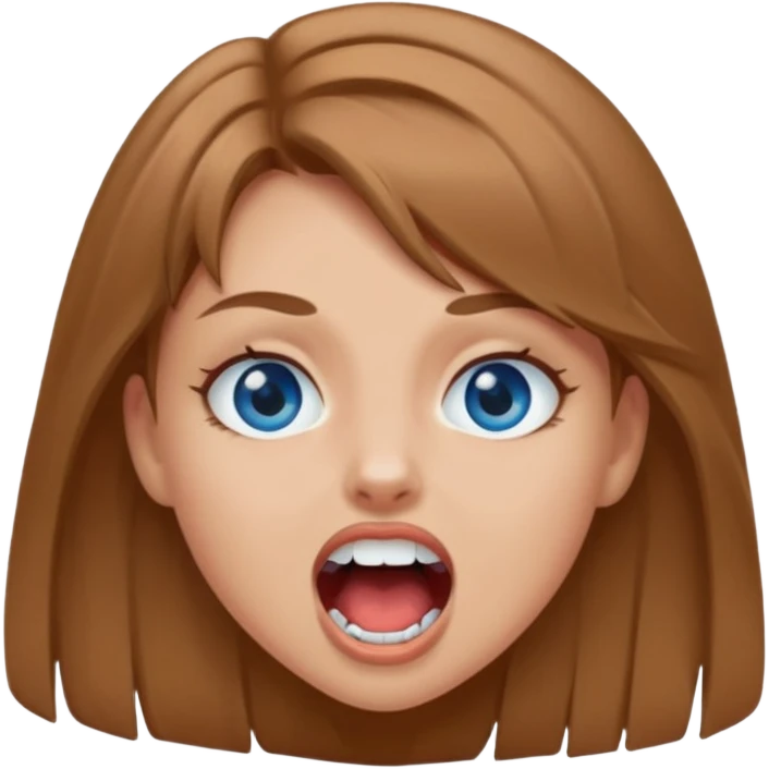 Normal doll like girl with light brown hair and blue eyes with mouth open a little bit showing fangs shes pale but still ttan  emoji