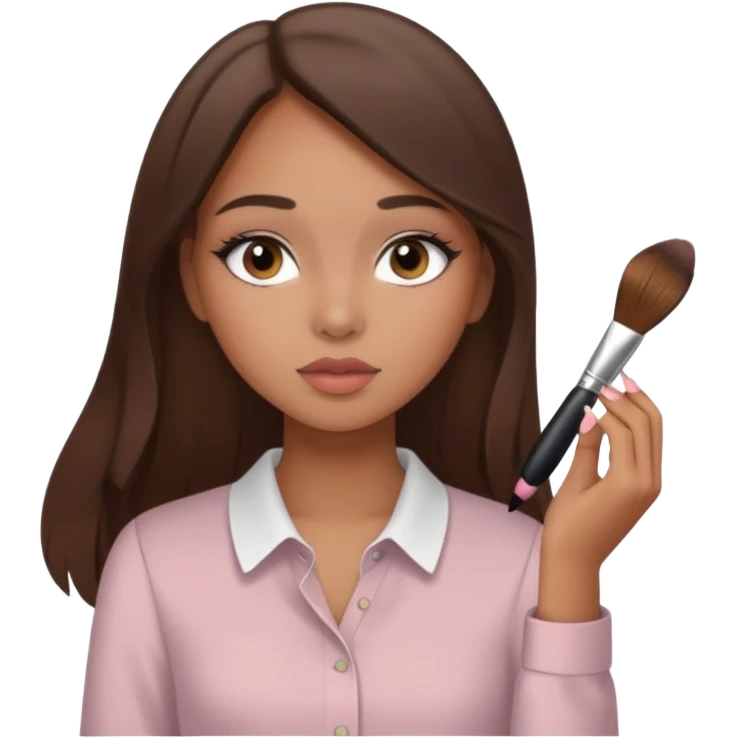 Draw a mixed-race girl applying makeup, wearing a clean girl blouse and with straight brown hair far away  emoji