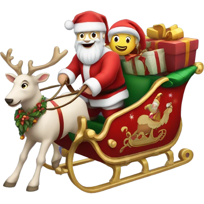 Santa Claus in his sleigh with rodolf leading the way emoji