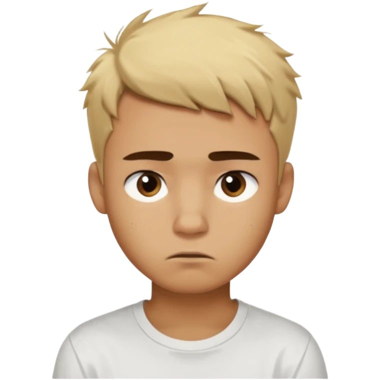 caramel skin color. Teen age. Short buzz, messy blonde hair, dark brown bushy eyebrows large expressive golden-brown eyes, brown skin color, scar over nose, wearing a plain white t-shirt. 20 year old male. Disappointed thinking facial expression. caramel skin color.  emoji