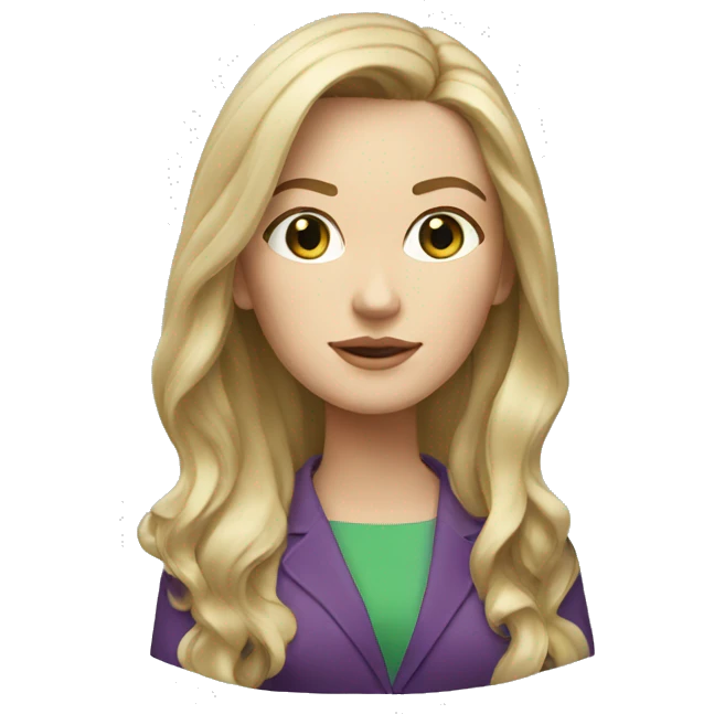 memoji of a white female in green suit, long blond hair, head tilted on one side slightly emoji
