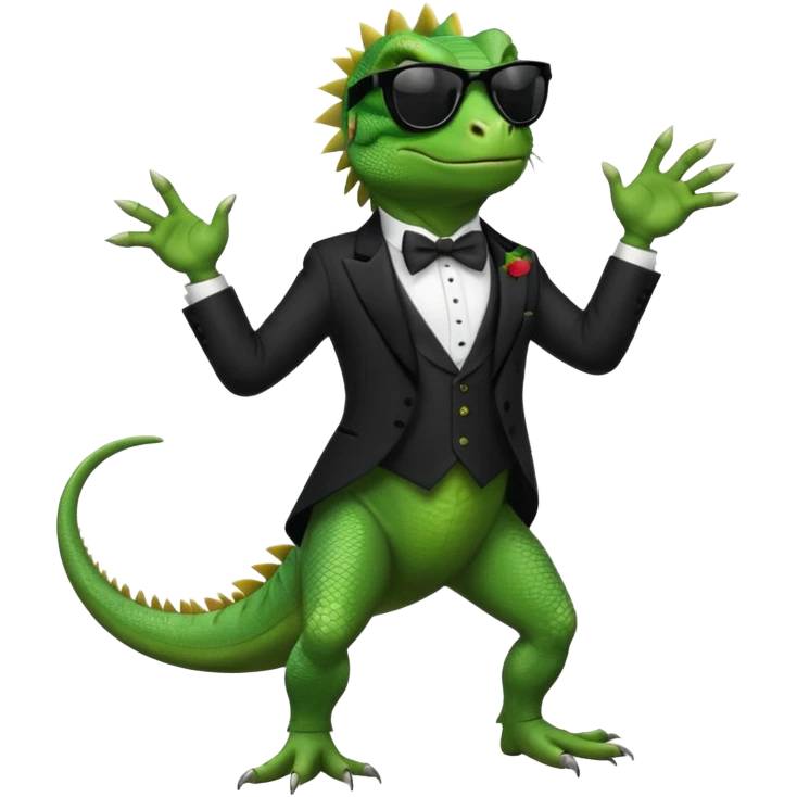 capitalist iguana in tuxedo with black sunglasses dancing emoji