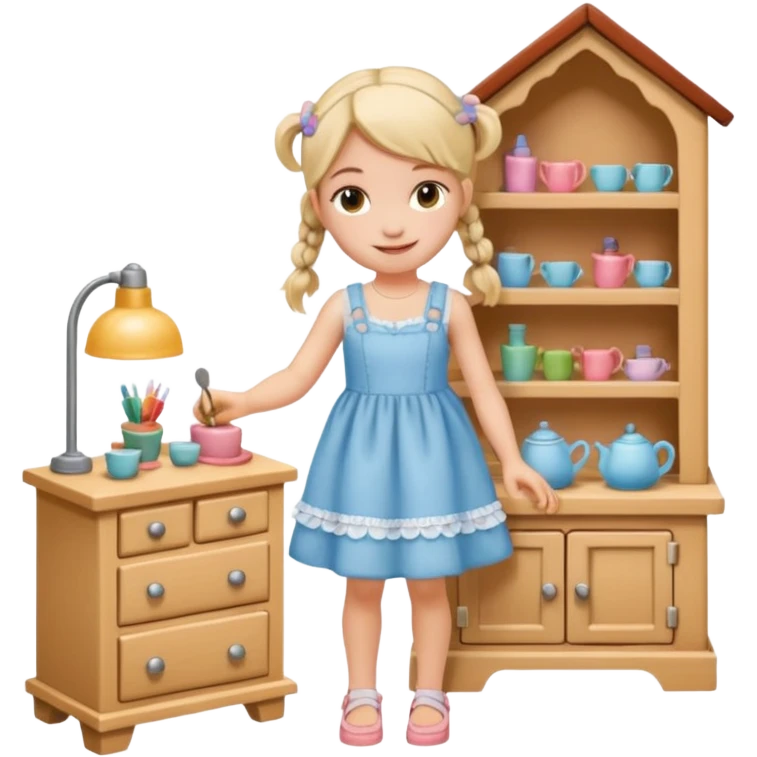 smiling girl arranging furniture in doll house emoji