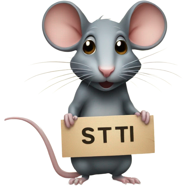 The rat, with its head turned to the right, holds a sign with the inscription emoji