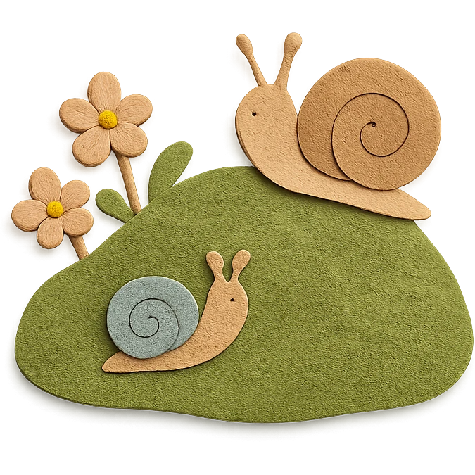 mossy rock with snails and small flowers in earthy pastel colors, paper-craft style emoji