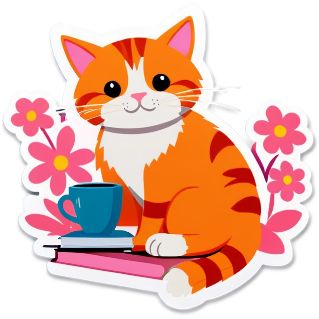 Orange cat studying with coffee and pink flowers emoji