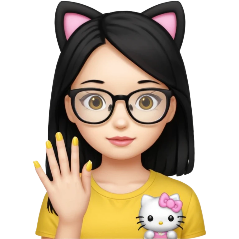 Nails cute with hello kitty wear glasses black long  hair wear, yellow shirt emoji