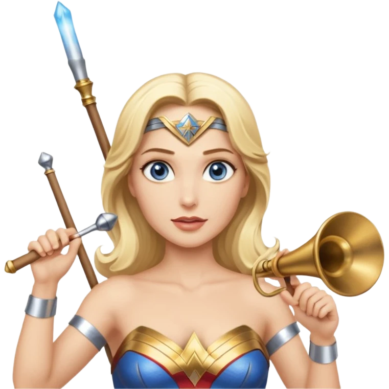 Blonde blue eyed Wonder Woman holding white orchestra conductor’s baton and bell emoji