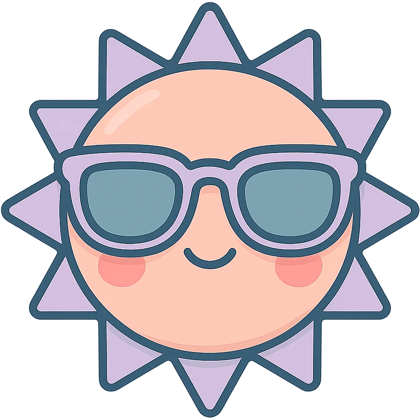 kawaii sun with sunglasses, icon-color-outlined style, detailed shading, thin clean outlines, soft rounded features, pastel palette #98B5BC #B5B3C1 #C9A3C9 #E4C0CA #F7DCD1 #F7C0AA, Japanese pop art, sticker style, highly detailed, vector clarity, soft lighting, subtle shadows, transparent background emoji