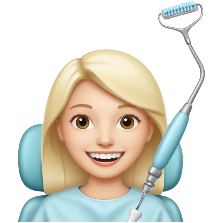 Mo smiling in a dental chair getting her teeth whitened, dentist holding whitening tool, bright and cheerful atmosphere emoji