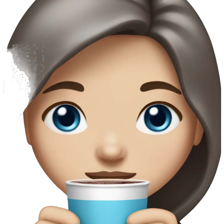 white girl with dark brown long hair, blue eyes and a hot chocolate emoji