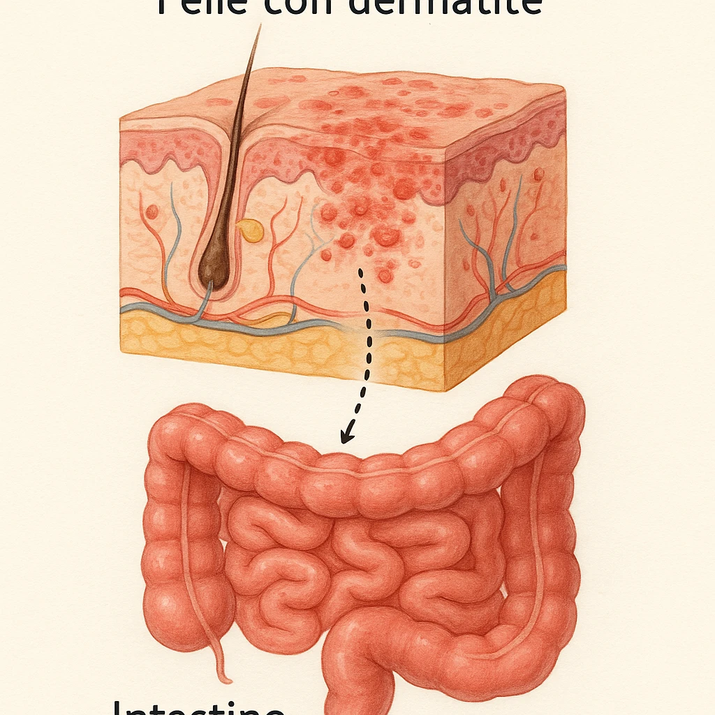 realistic medical illustration showing skin with dermatitis problems visually connected to the intestine, educational and respectful style, with Italian labels, no explicit details emoji