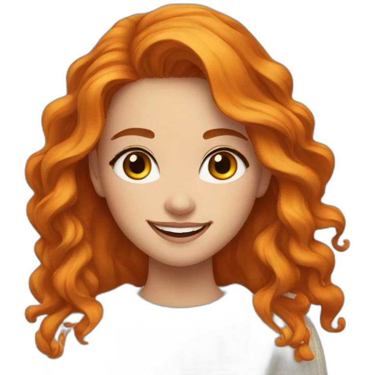 beautiful-girl, white, with-orange/ginger-long-loose-wavy-hair,-brown-eyes,-smiling, white sweater emoji