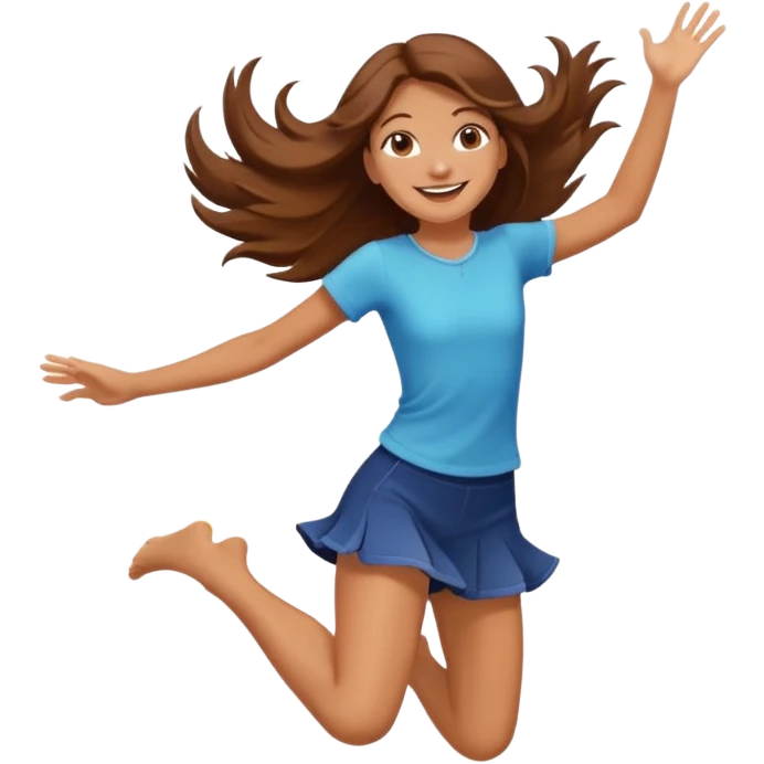 Girl with long brown hair happy jumping in the air with sunbeams in the background  emoji