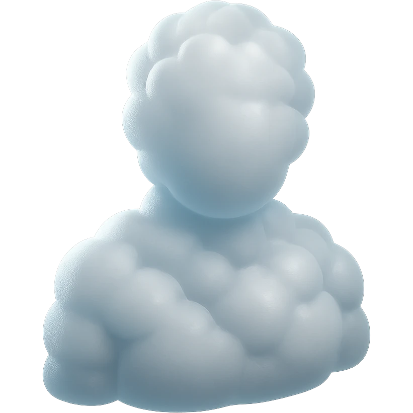 person made entirely of white fluffy convex clouds, shoulders up, front view, matte glass style emoji