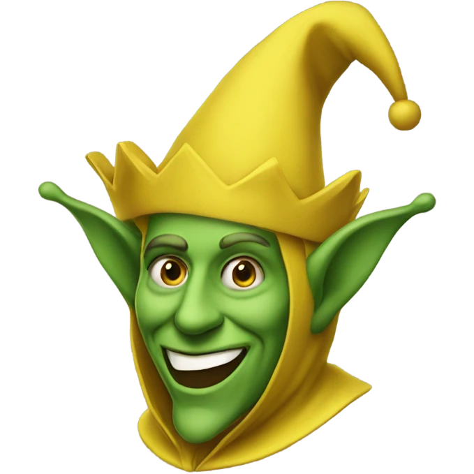 A yellow medieval jester who is wearing green emoji