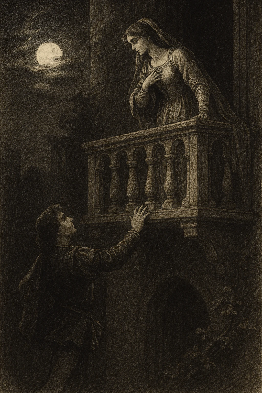 Romeo and Juliet on a balcony at night, Juliet above, Romeo below, moonlit scene, dramatic and passionate, classic illustration style emoji