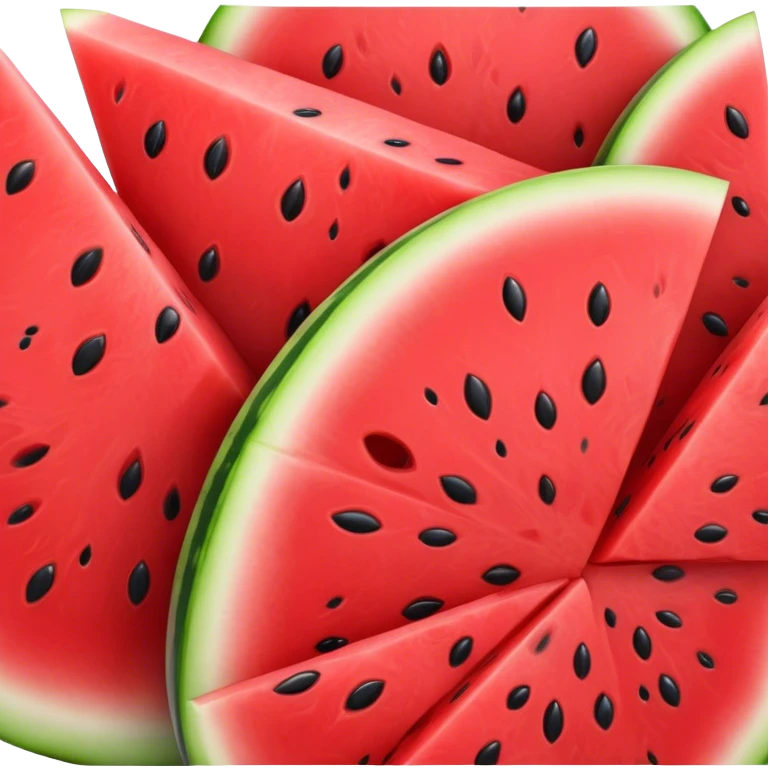 Cinematic juicy watermelon, thick slices revealing vibrant red interior, glossy and glistening with tiny black seeds, fresh and refreshing, soft glowing background, summer vibes. emoji