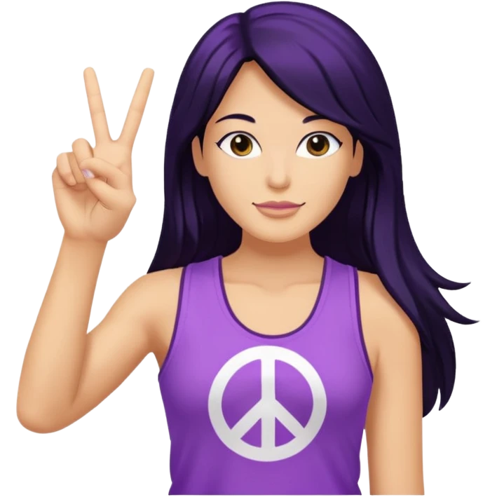 white woman in y2k purple tank top, long black hair, making a peace sign emoji