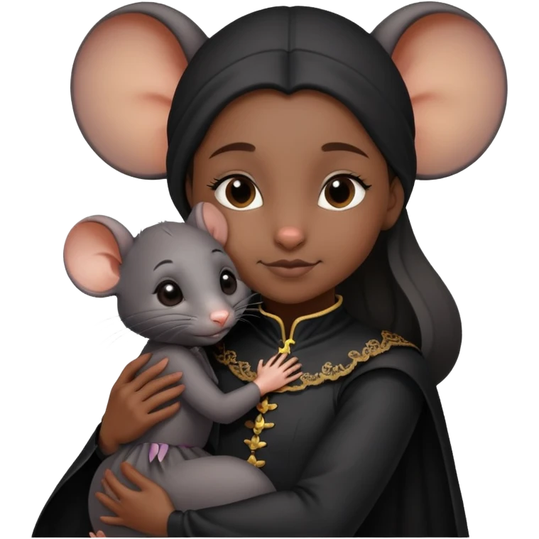 a black rat in a costume cuddling a young girlBlack Rat  emoji