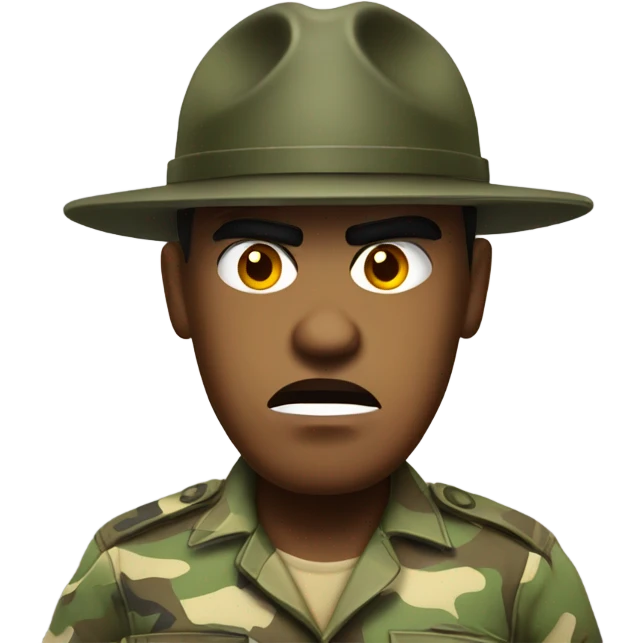 drill sergeant character wearing a classic sergeant hat and a camouflage army shirt. The character should have an angry intense expression. full torso emoji