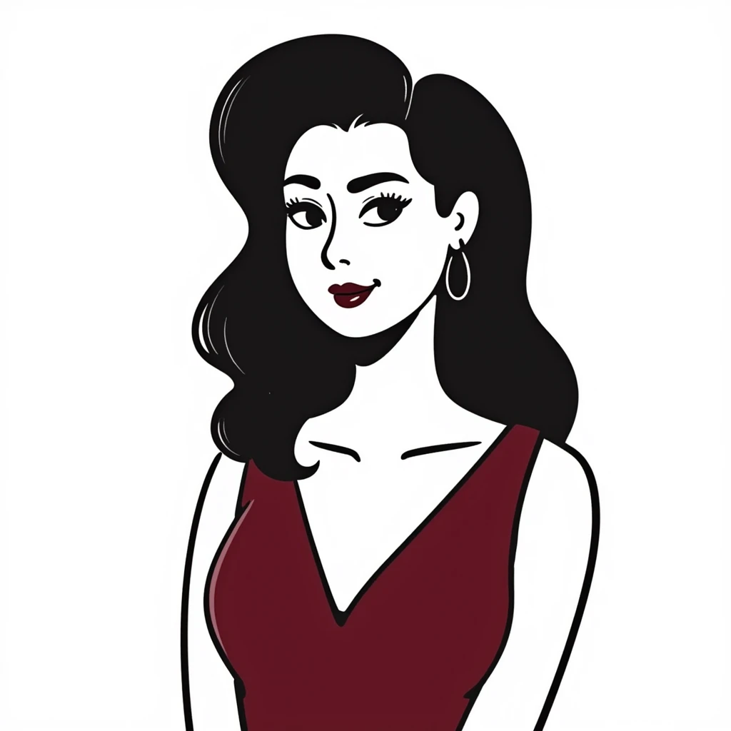 Sophisticated woman in her 30s with bright complexion, defined features, almond eyes with bold eyeliner and notable lashes, medium-thick eyebrows, straight elegant nose, thick bright red lips, voluminous dark straight hair with soft waves at ends, wine red velvet V-neck dress emoji