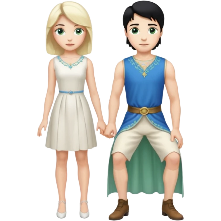 prince, standing upright, black Hair, blue eyes, garment, and woman, bending knee, sleveless white dress, blonde hair, green eyes, emoji