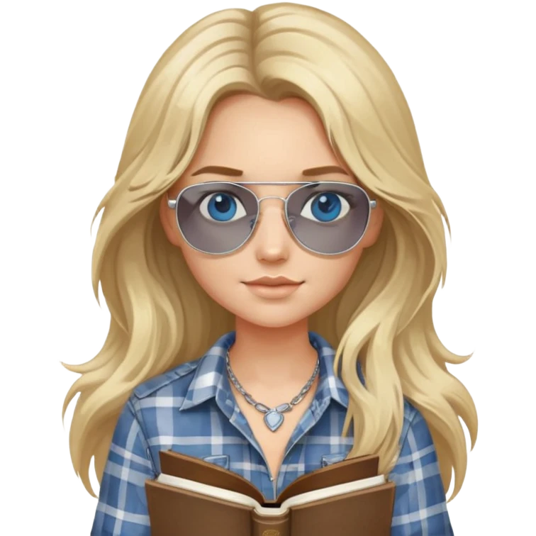 girl with long blond messy hair wearing grey plaid shirt with blue eyes and aviator sunglasses wearing a ring on her silver necklace, holding law books emoji
