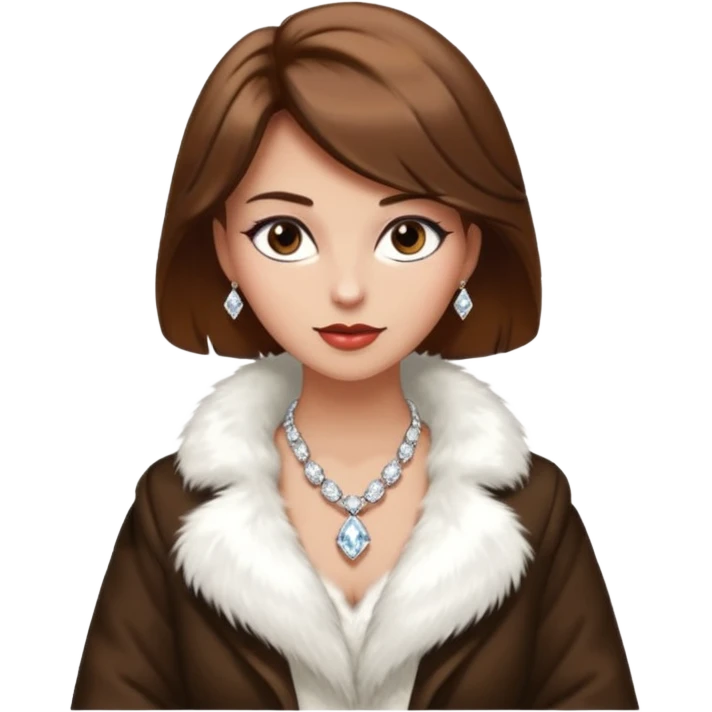 * Character: A stylish lady,brown hair
* ﻿﻿Clothing: A luxurious white fur coat
* ﻿﻿Accessories: A dazzling diamond necklace
* ﻿﻿Expression: Confident, elegant, maybe slightly glamorous
* ﻿﻿Pose: Head slightly tilted or a poised posture
* ﻿﻿Style: Emoji-like, simple but expressive emoji