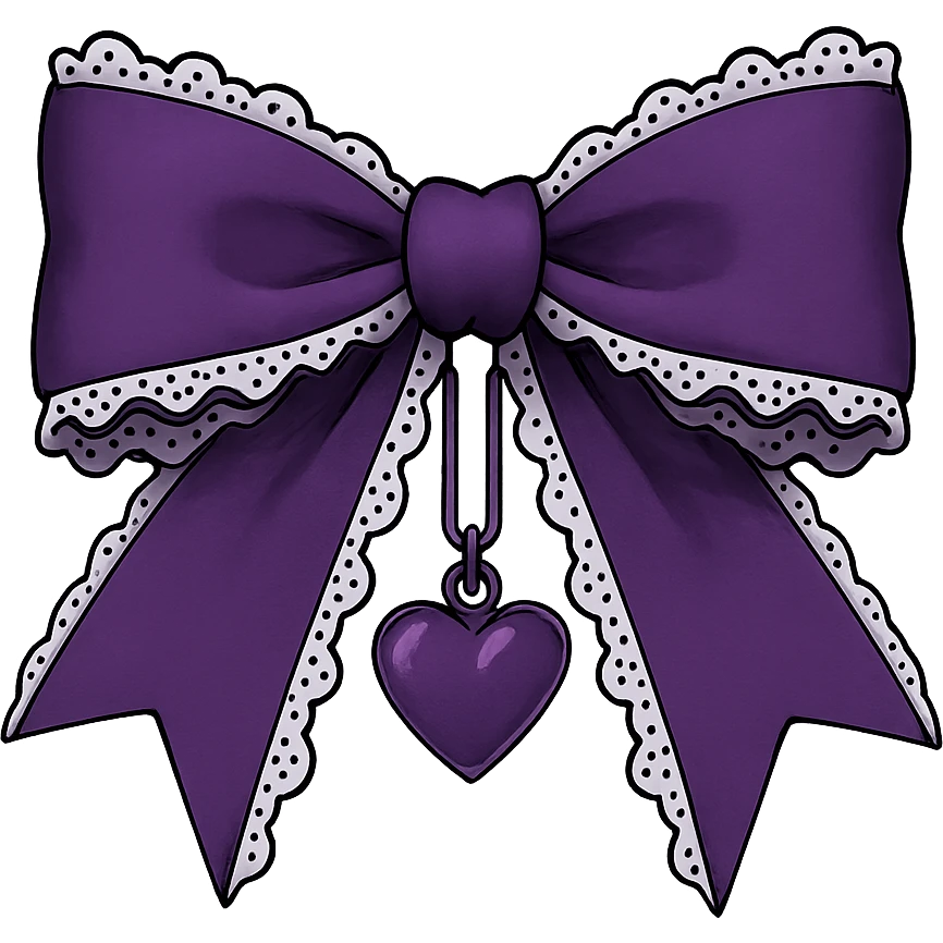 Purple gothic bow with white lace trim and heart charm, remove background emoji