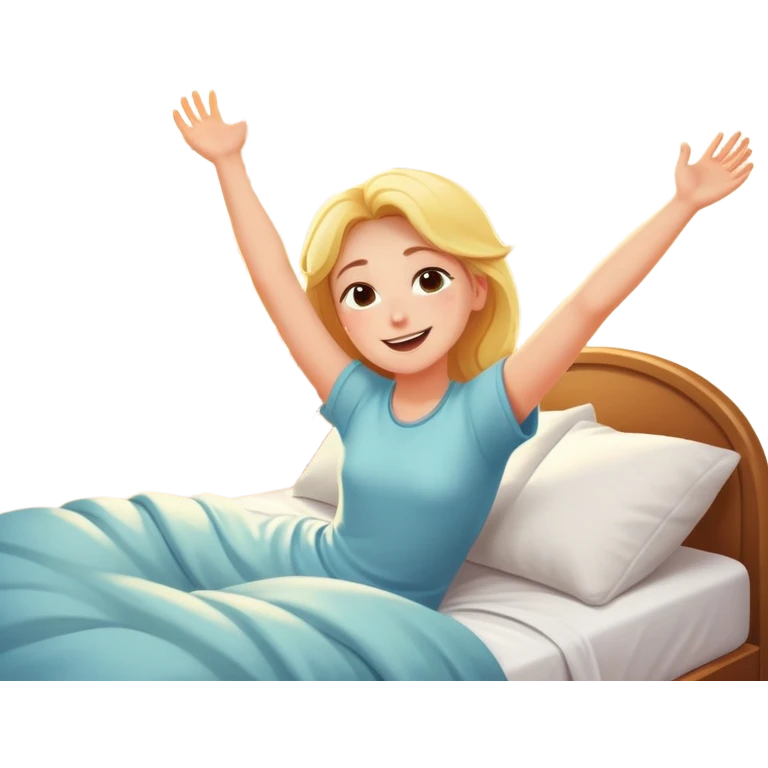 a person waking up early, stretching in bed with sunlight coming through the window, cheerful and fresh emoji