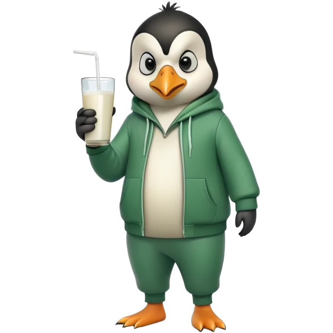 full body portrait of a friendly anthropomorphised penguin wearing a green mafia-style tracksuit, angry, intense brooding posture, holding a glass of milk emoji