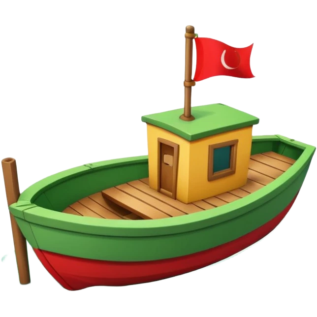 green boat in cartoon having a small place to live and a small red flag on it emoji