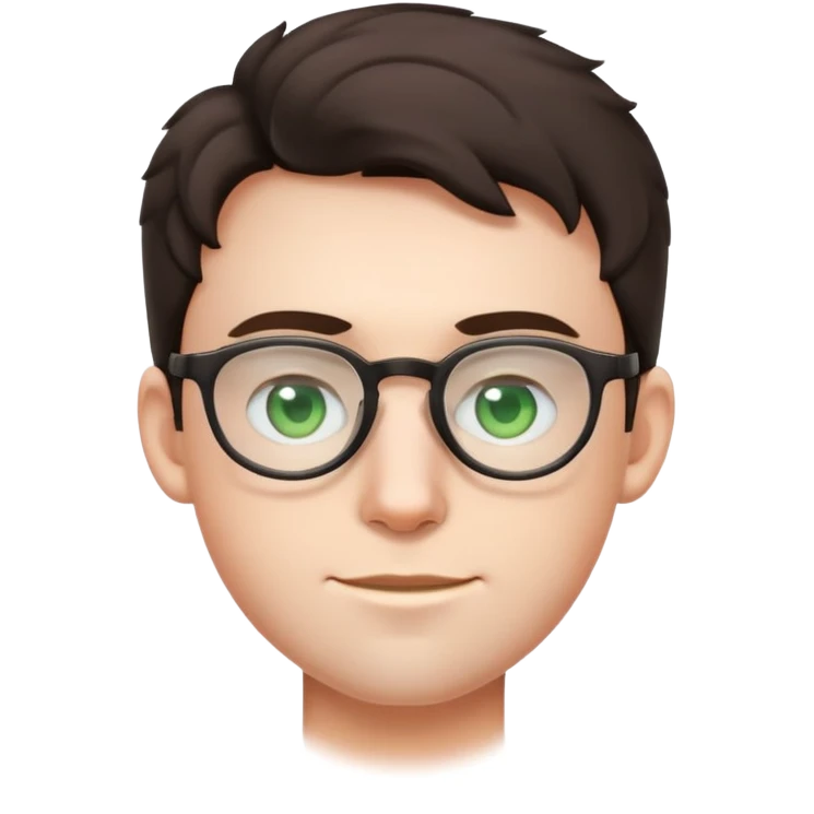 young male emoji with youthful face, poofier slightly curly dark hair, big ears, pale skin, glasses, green eyes, very light stubble emoji