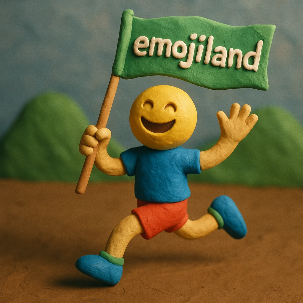 happy runner waving a flag that says 'emojiland' emoji