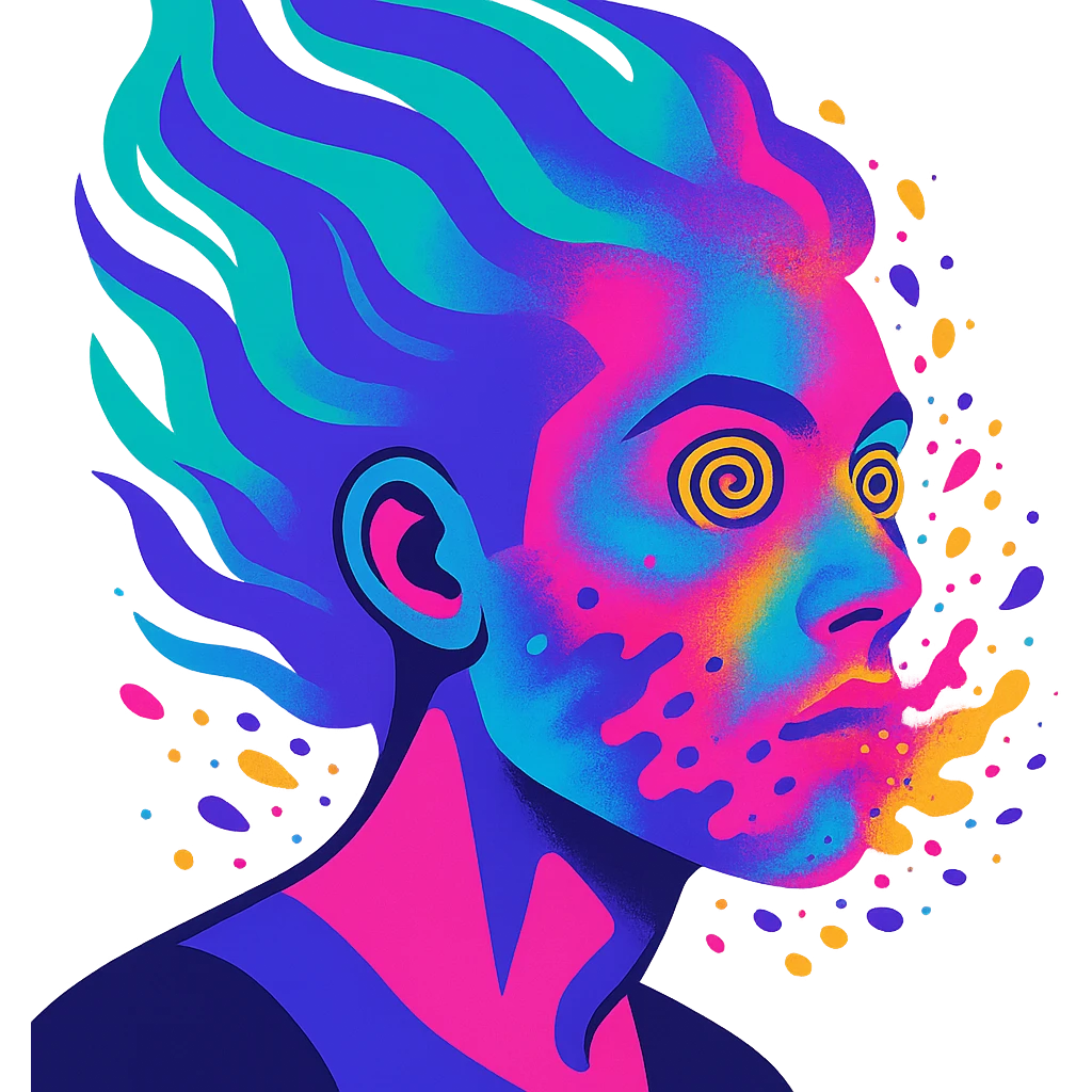 surreal portrait of a person with neon skin, face dissolving in an explosion of colors, airbrush effect, hair as swirling liquid color streams like northern lights, hypnotic spiral eyes, geometric elements along face contour, paint particles flying away, acid purple, turquoise, and electric pink blending, sense of movement emoji
