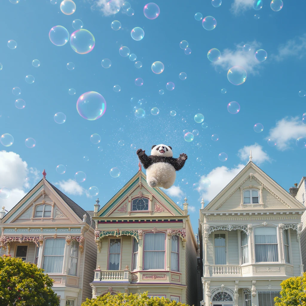 cinematic still of a group of panda bears in bubbles drifting above San Francisco’s painted ladies, sunny day, lively colors, joyful energy, rainbow accents emoji