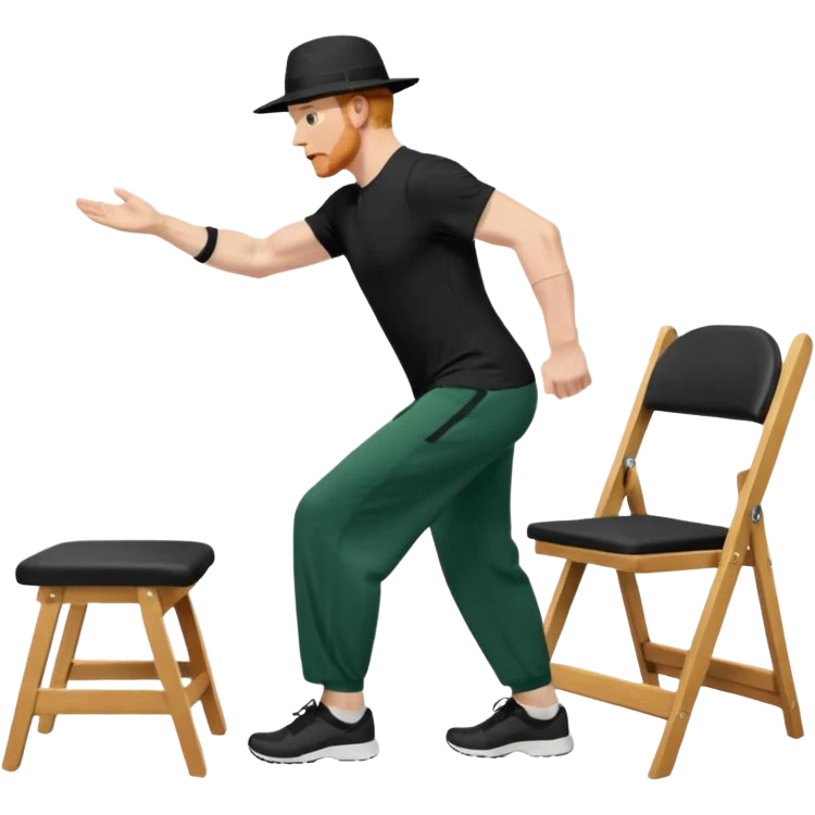 גבר זקן ג'ינג'י מלא כובע שחור הפוך חולמה שחורה ומכנסיים ירוקות ארוכות מבצע תרגיל לאנג' בתמיכת כיסא מהצד שתי רגליים על הרצפה מח^זיק כיסא בידו  תמיכה קלה ידו על משענת הכיסא emoji