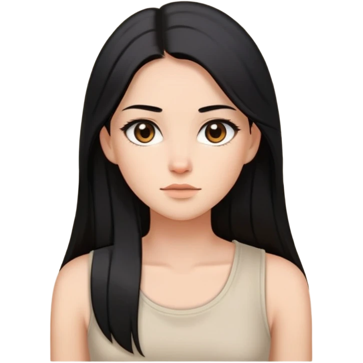 Female with straight long black hair parted in middle, beige skin, big brown eyes, natural makeup, white sleeveless top emoji