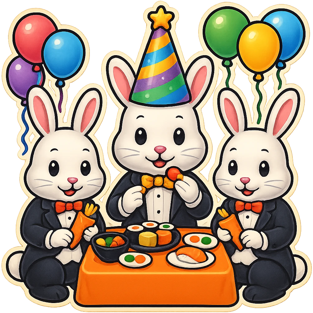 Add a fourth bunny so there are four bunnies together, all clearly visible, eating sushi at a birthday party, keep the festive emoji style, preserve the background transparency. emoji