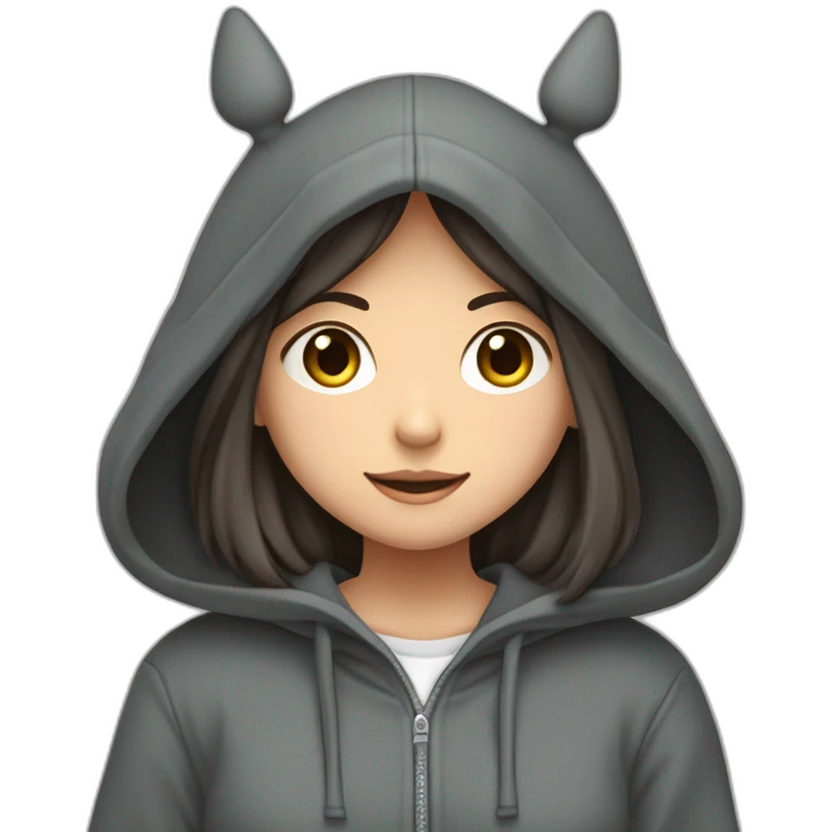 Fille Brune avec un sweat-capuche Totoro gris foncé avec les rond clair de Totoro sur ventre  emoji