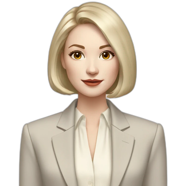 pale skin woman with ash blonde Straightened bob Hair, White Spacious classical jacket, beige palazzo Arrow pants and gray blouse holding a color palette in the hands emoji