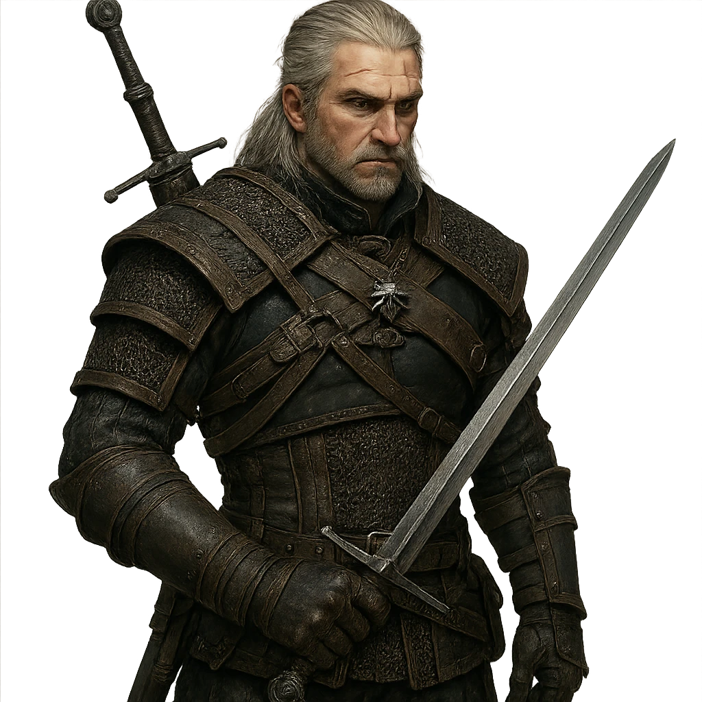 Witcher character in the style of The Witcher series, detailed armor and sword. emoji