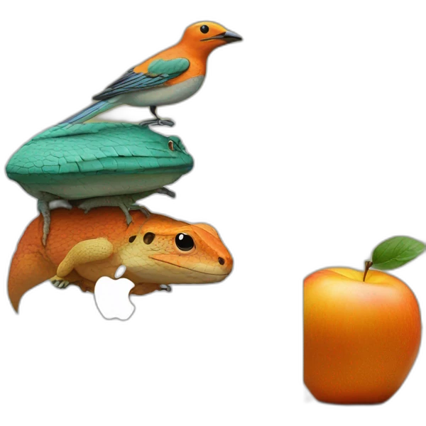 stack of macbook on top of apple on top of orange on top of brick on top of lizard on top of bird emoji
