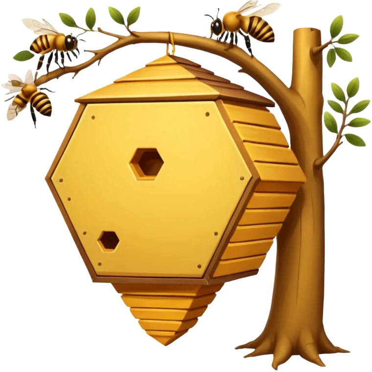 A small hive nestled between tree branches with worker bees. emoji